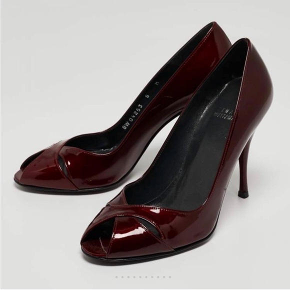 Stuart Weitzman Burgundy Patent Leather Peep Toe Heels - size 7.5 - Picture 3 of 13